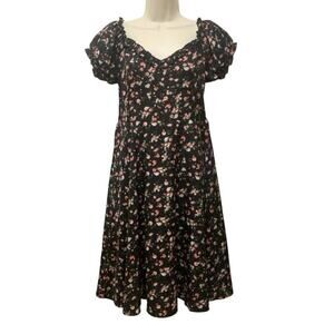 Coquette Black Floral Puff Sleeve Milkmaid Dress Smocked Back Size L